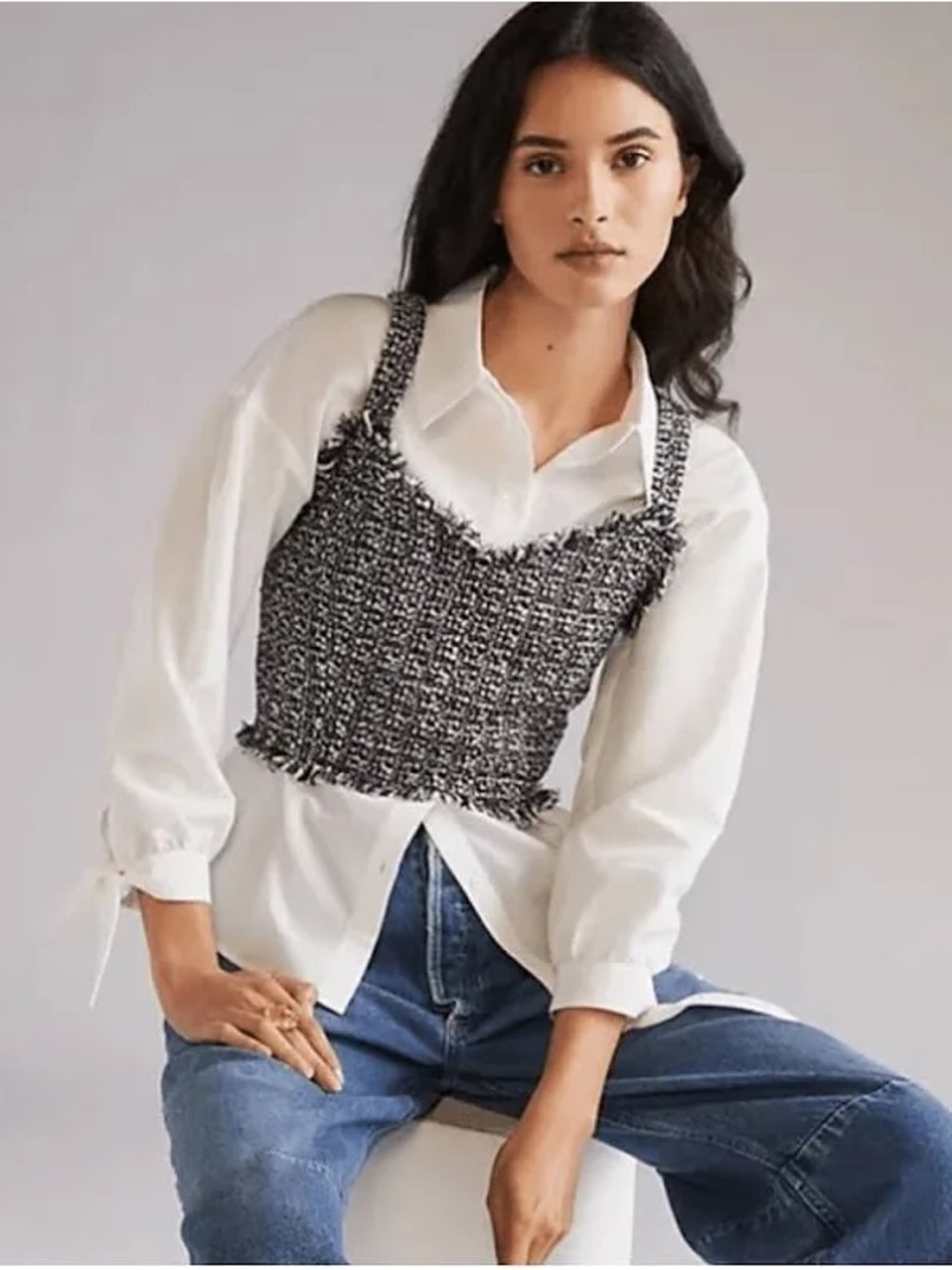 Anthropologie Mare Mare Cropped Tweed Fringe Top - Black, Tan & White, Sz S